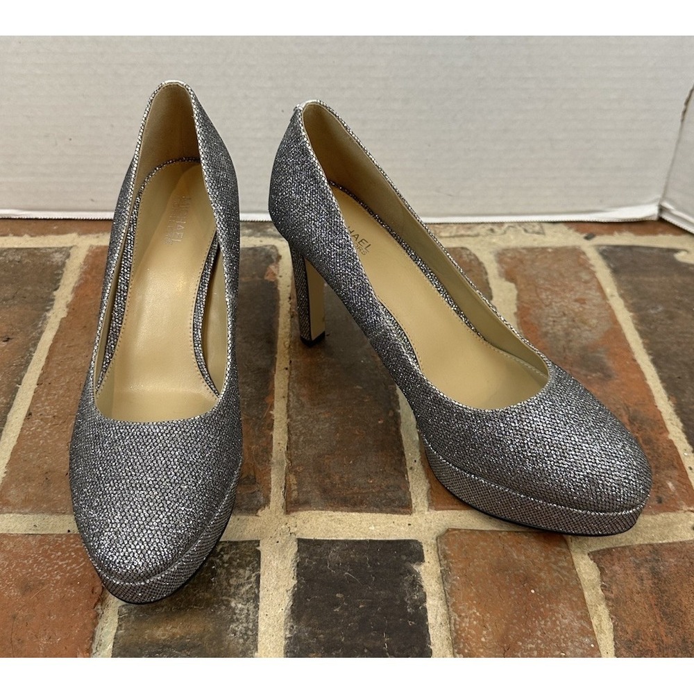 Michael Kors Silver Glitter Chantal Platform Pumps High Heel Shoes Women's‎ 8.5
